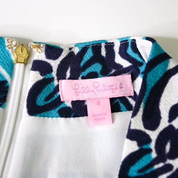 LILLY PULITZER Navy Teal White Zebra Print Long Sleeve Shift Dress - Size 2 - Picture 10 of 12